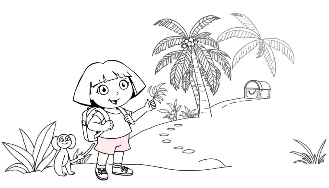 Dora la Exploradora y Boots en una isla tropical, lista para colorear. Placa de color para la aventura.