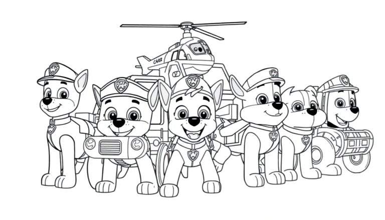 La Patrulla Canina lista para la aventura, un dibujo lineal en blanco y negro para colorear con la placa de color. Los cachorros están posando delante de su helicóptero.