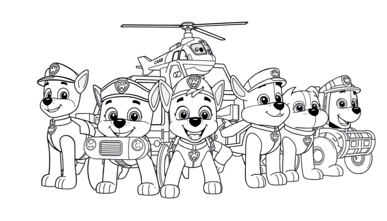 La Patrulla Canina lista para la aventura, un dibujo lineal en blanco y negro para colorear con la placa de color. Los cachorros están posando delante de su helicóptero.