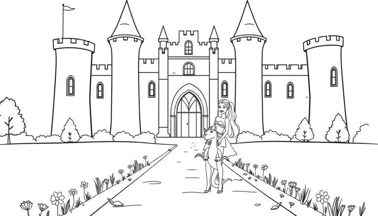 Placa de color en blanco y negro de Barbie con su dragón en un camino hacia un castillo.