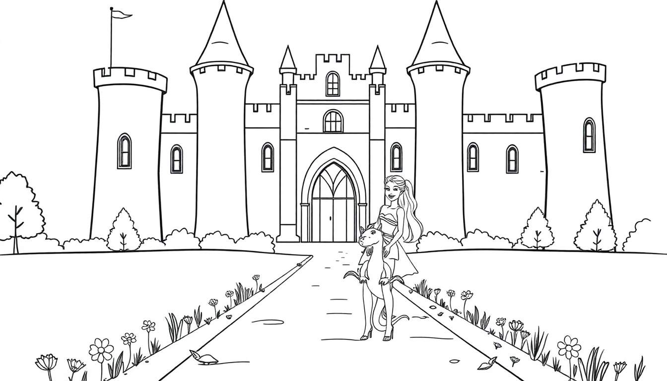 Placa de color en blanco y negro de Barbie con su dragón en un camino hacia un castillo.