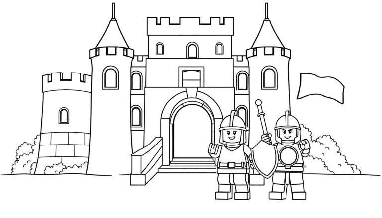 Una placa de colorear con un castillo LEGO y caballeros.