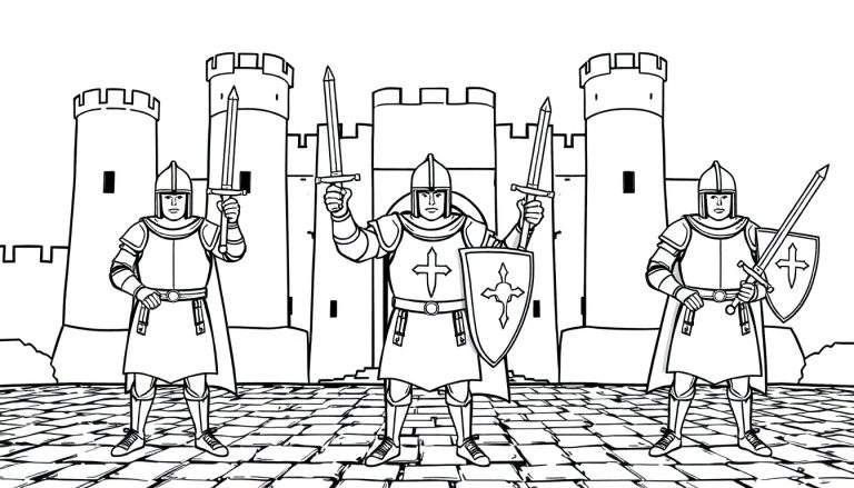 Tres caballeros medievales frente a un castillo, con espadas listas, para colorear en una placa de color.