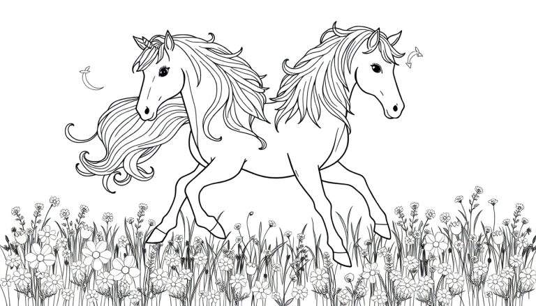 Dibujo lineal en blanco y negro de dos caballos galopando en un prado de flores con símbolos caprichosos, listo para colorear en esta placa de color.
