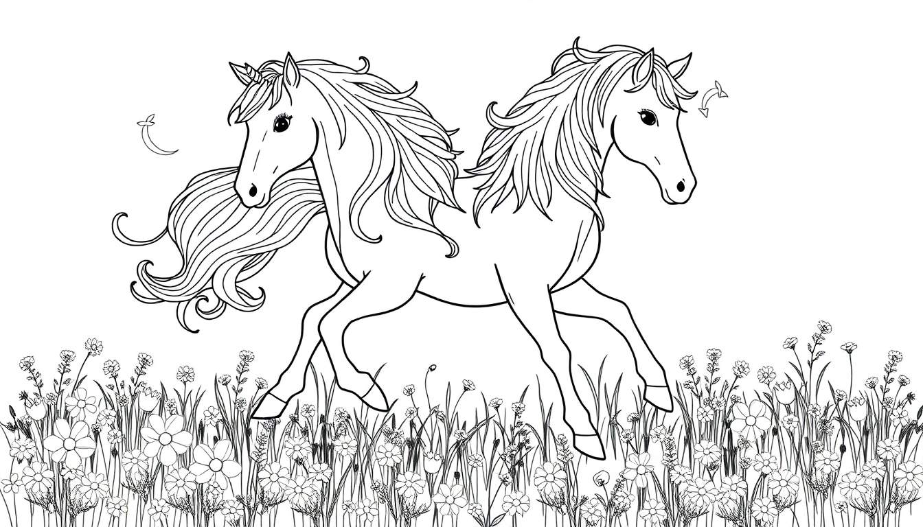 Dibujo lineal en blanco y negro de dos caballos galopando en un prado de flores con símbolos caprichosos, listo para colorear en esta placa de color.