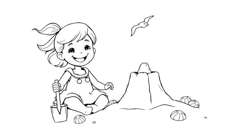 Una niña sonriente con una pala en la playa, cerca de un castillo de arena, en una imagen de placa de color de contorno en blanco y negro.