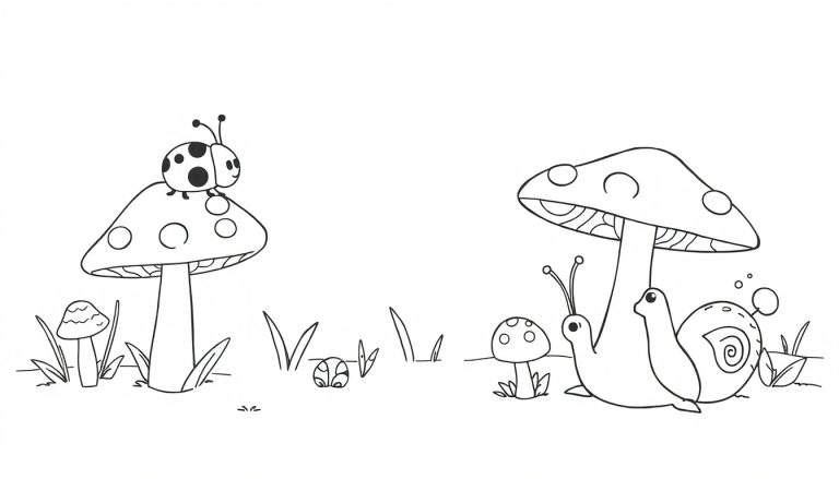 Páginas para colorear de lindas setas de bosque con una mariquita y caracoles, una placa de color para niños.
