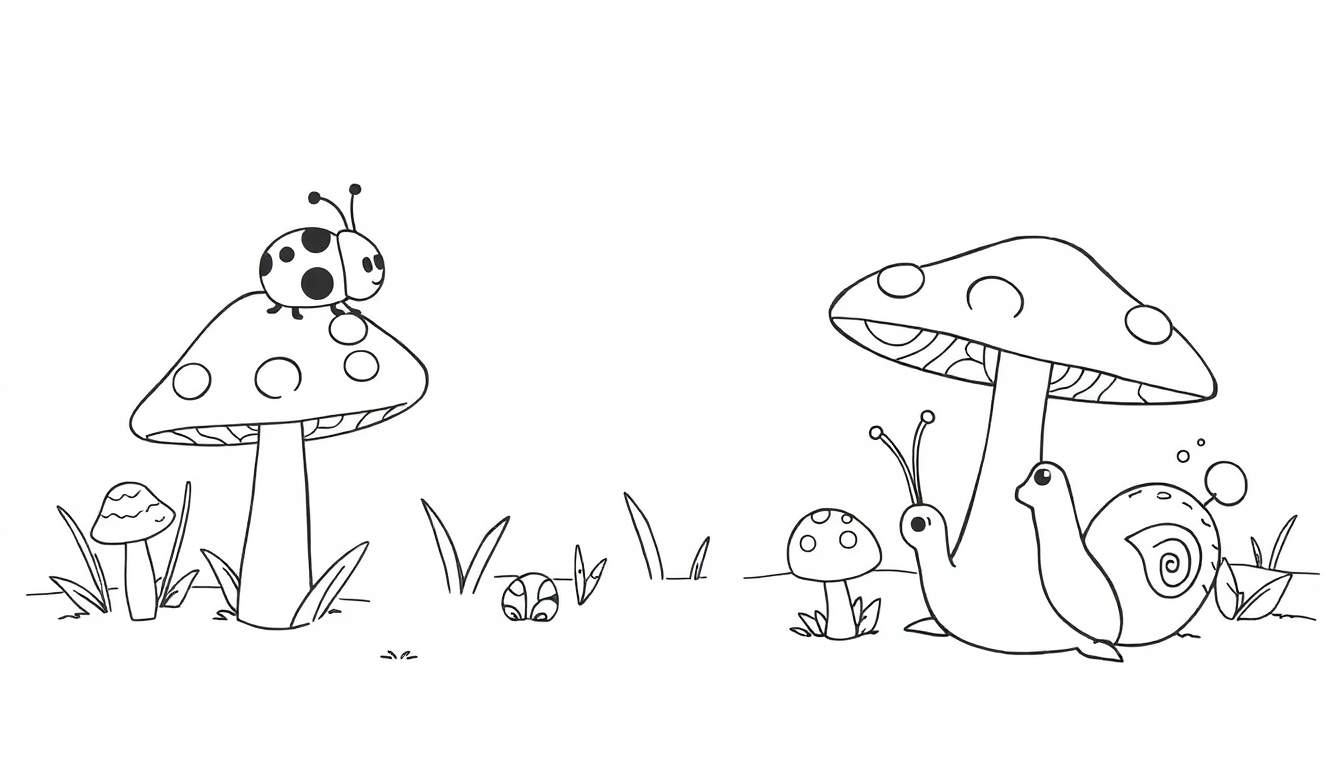 Páginas para colorear de lindas setas de bosque con una mariquita y caracoles, una placa de color para niños.