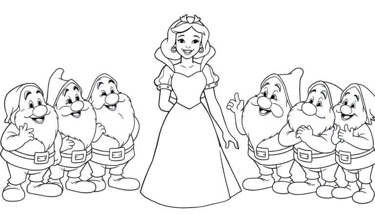 Blancanieves sonriente con los siete enanitos en una placa de color para colorear.