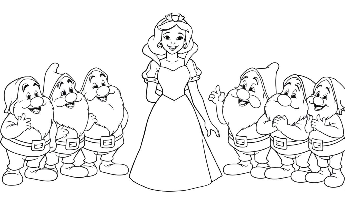 Blancanieves sonriente con los siete enanitos en una placa de color para colorear.