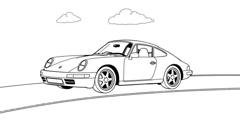 Coche deportivo clásico para colorear con placa de color, carretera y nubes.