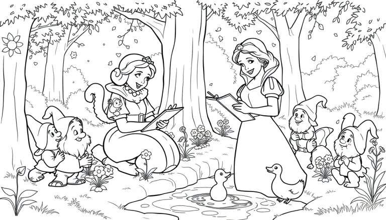 Placa de color de Blancanieves y los enanitos dibujando animales en un bosque.