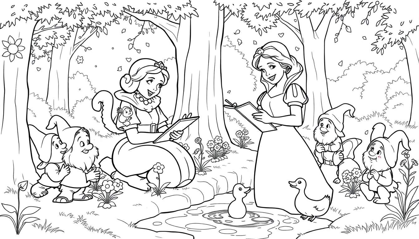 Placa de color de Blancanieves y los enanitos dibujando animales en un bosque.