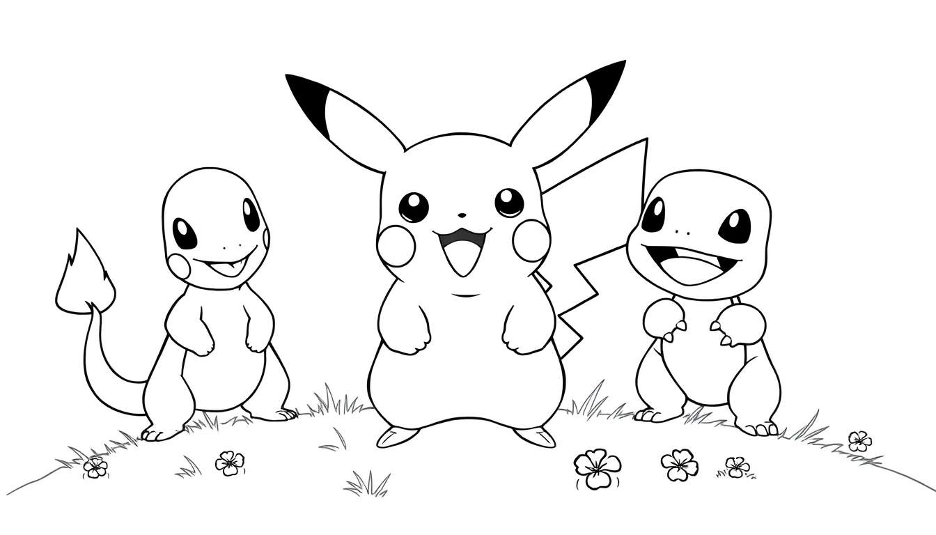 Placa de color de Pikachu y dos Charmanders sonriendo en un campo de flores.