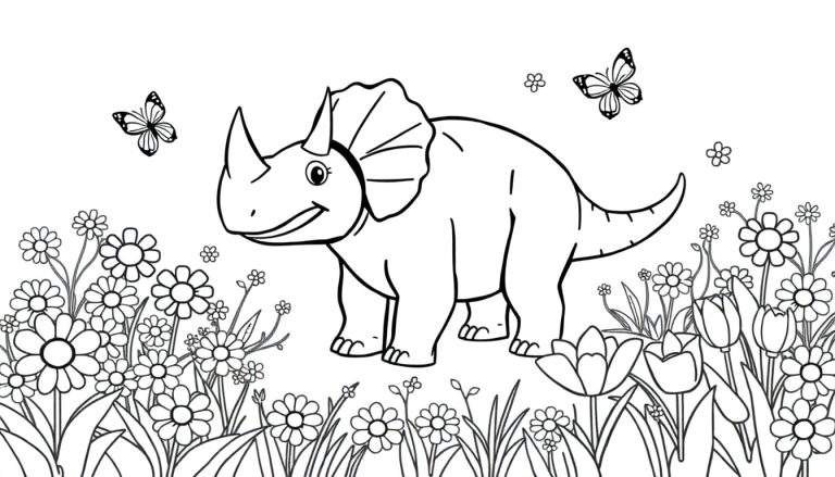 Un triceratops amigable con una gran placa para colorear rodeado de flores y mariposas.