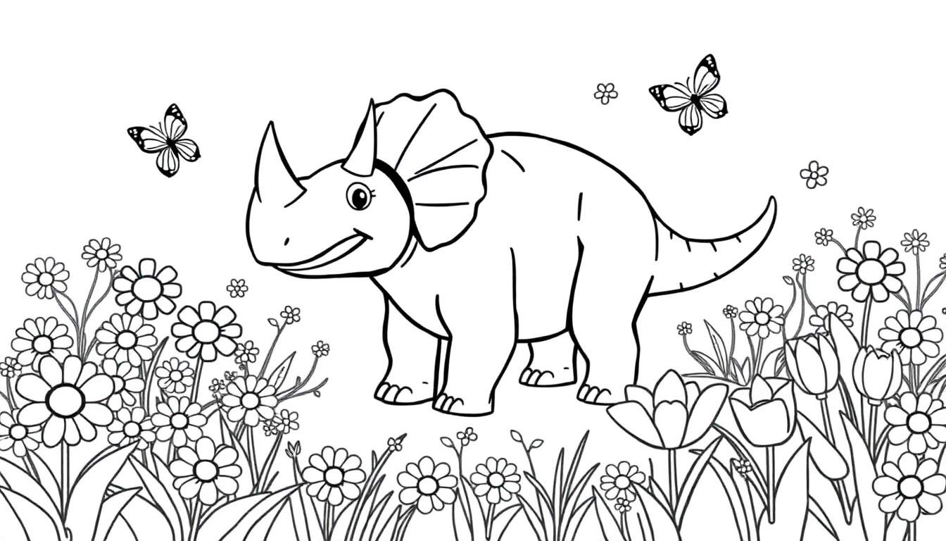 Un triceratops amigable con una gran placa para colorear rodeado de flores y mariposas.