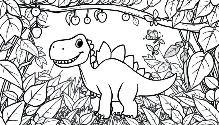 Placa de color de un estegosaurio amigable en la jungla.