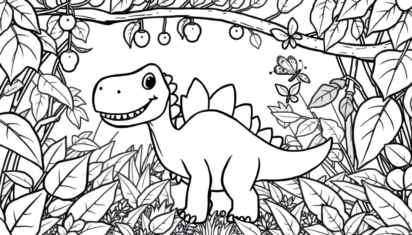 Placa de color de un estegosaurio amigable en la jungla.