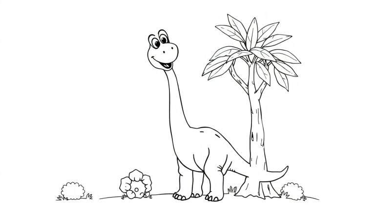 Un dinosaurio herbívoro sonriente de cuello largo, como un Brachiosaurus, junto a un árbol con hojas grandes. Una placa de color infantil para colorear.