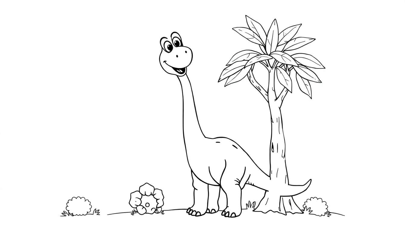 Un dinosaurio herbívoro sonriente de cuello largo, como un Brachiosaurus, junto a un árbol con hojas grandes. Una placa de color infantil para colorear.