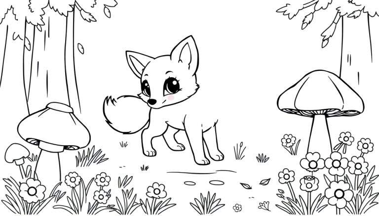 Placa de color de un lindo zorrito en un bosque con flores y hongos.