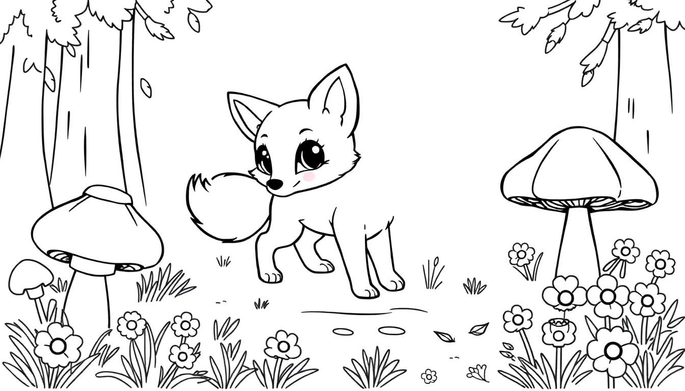 Placa de color de un lindo zorrito en un bosque con flores y hongos.