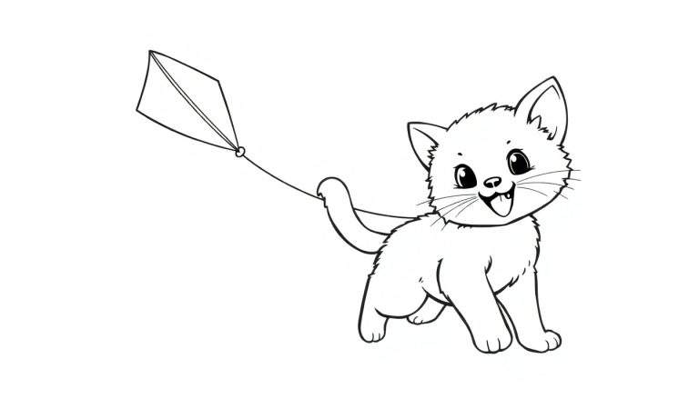 Placa de color de un gatito juguetón con una cometa.