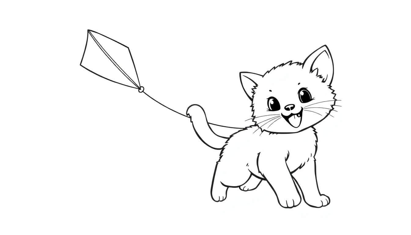 Placa de color de un gatito juguetón con una cometa.