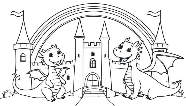 Dos dragones amigables bajo un arcoíris frente a un castillo, listo para colorear en la placa de color.