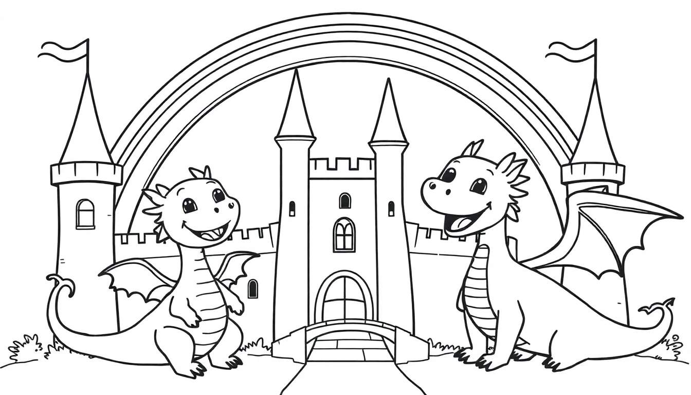 Dos dragones amigables bajo un arcoíris frente a un castillo, listo para colorear en la placa de color.