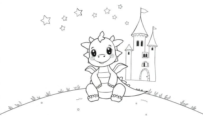 Un tierno dragón para colorear sentado en una colina con estrellas y un castillo, listo para añadir color a esta placa de color.