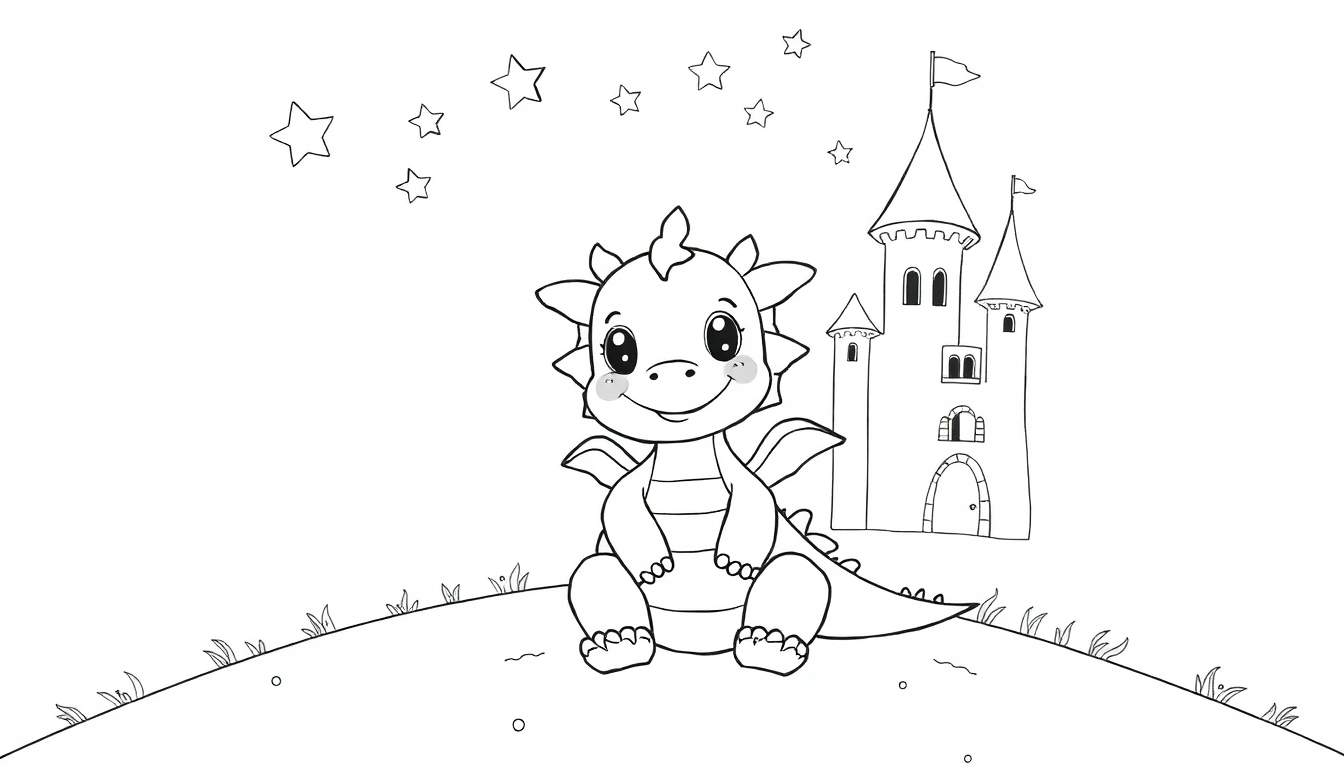 Un tierno dragón para colorear sentado en una colina con estrellas y un castillo, listo para añadir color a esta placa de color.
