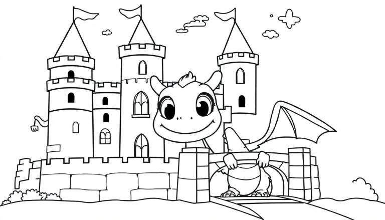 Un dragón sonriente con una ala visible, apoyado en un puente de piedra frente a un castillo con tres torres y banderas. Hay nubes y vegetación. Placa de color.