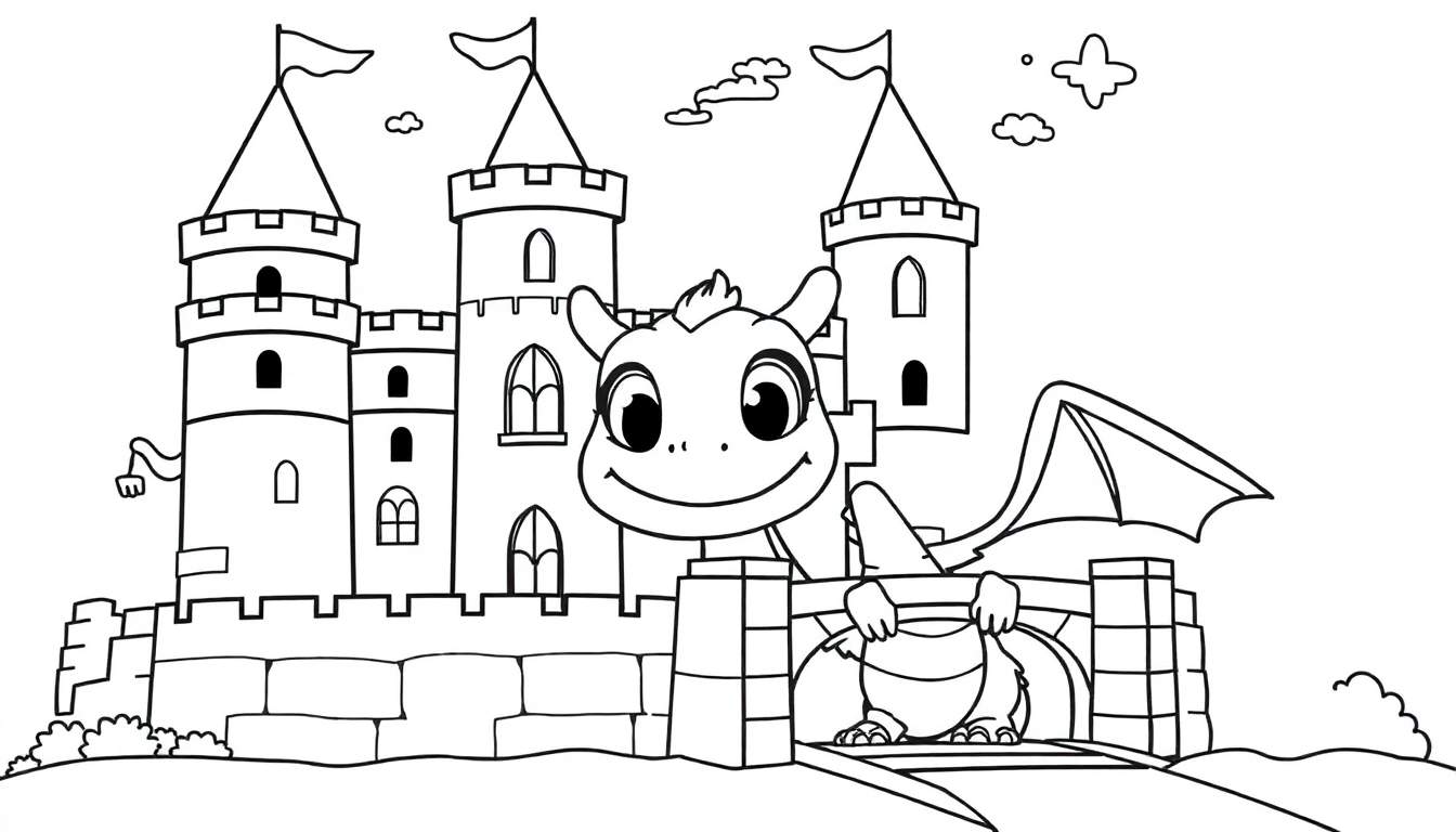 Un dragón sonriente con una ala visible, apoyado en un puente de piedra frente a un castillo con tres torres y banderas. Hay nubes y vegetación. Placa de color.
