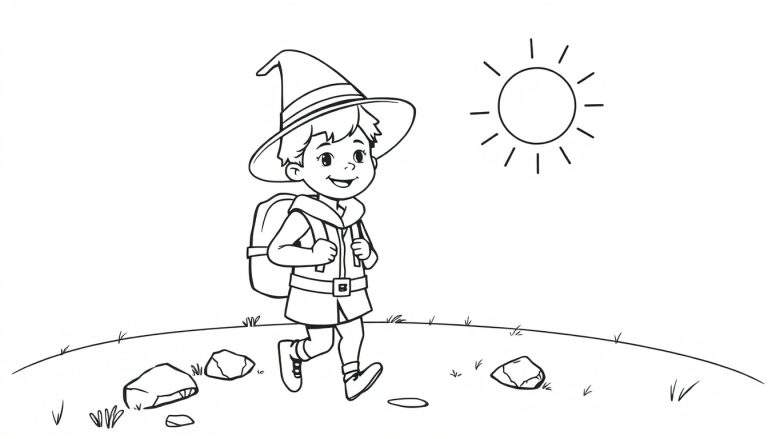 Placa de color de un niño explorador con mochila y sombrero.