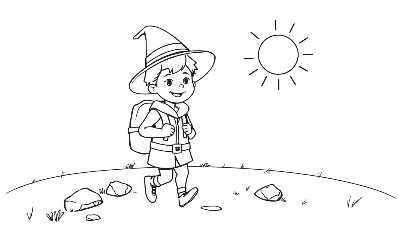 Placa de color de un niño explorador con mochila y sombrero.