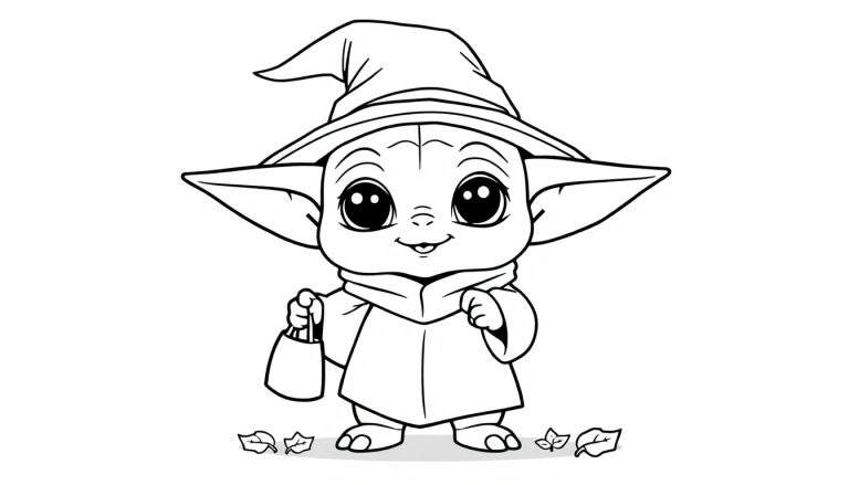 Placa de color de Baby Yoda con sombrero de bruja en Halloween.