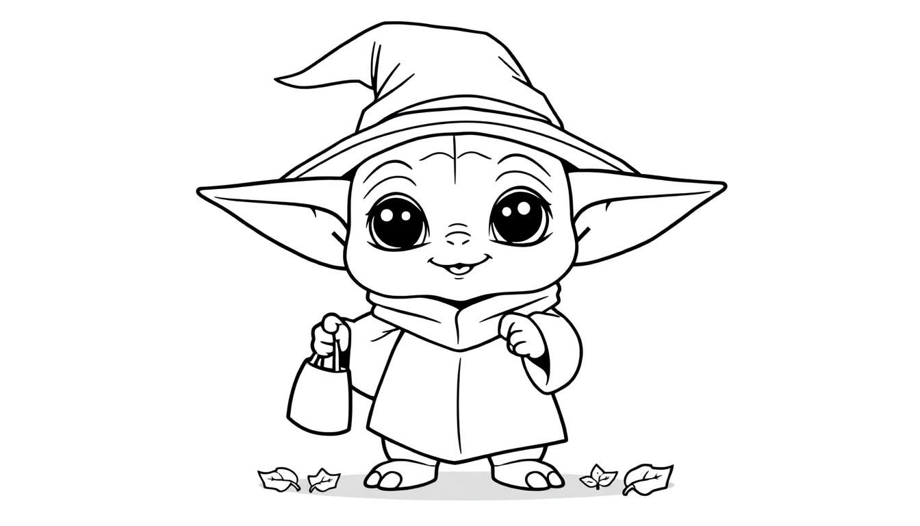 Placa de color de Baby Yoda con sombrero de bruja en Halloween.