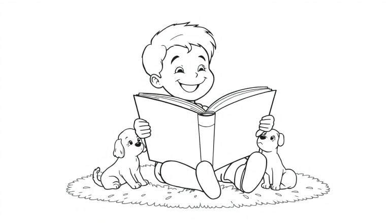Un niño feliz leyendo un libro para colorear, flanqueado por dos cachorros juguetones, todos sentados sobre una alfombra o hierba, esperando el toque de color de una placa de color.