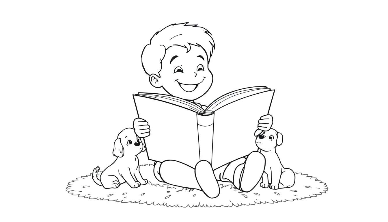 Un niño feliz leyendo un libro para colorear, flanqueado por dos cachorros juguetones, todos sentados sobre una alfombra o hierba, esperando el toque de color de una placa de color.