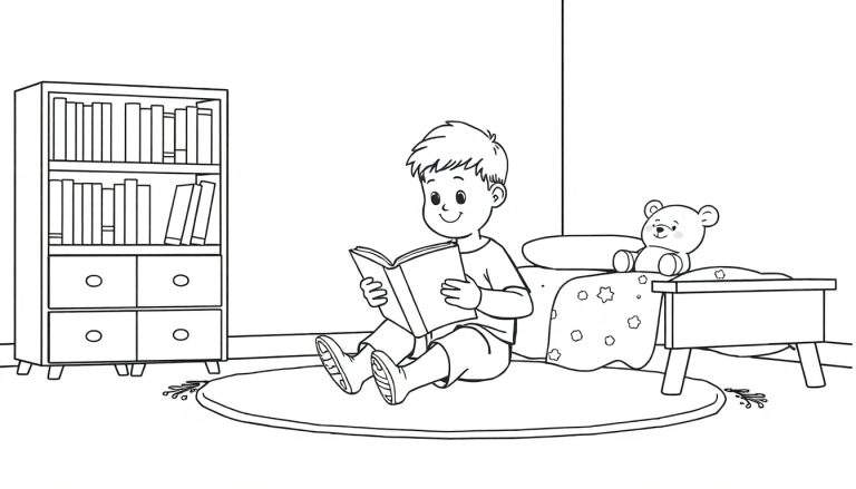 Un niño leyendo felizmente un libro en su habitación acogedora, con una estantería llena de libros a un lado y una cama con un osito de peluche al otro. La imagen es una página para colorear en blanco y negro.