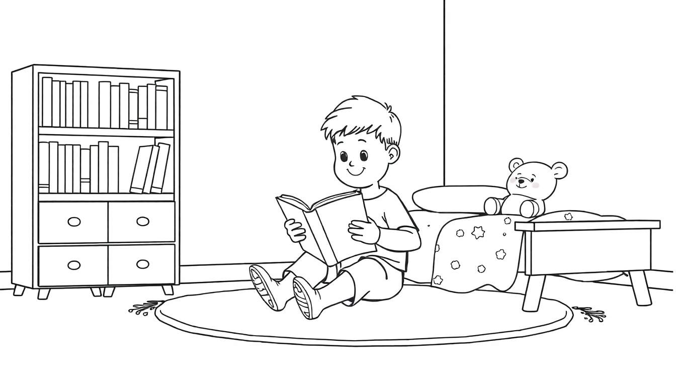 Un niño leyendo felizmente un libro en su habitación acogedora, con una estantería llena de libros a un lado y una cama con un osito de peluche al otro. La imagen es una página para colorear en blanco y negro.