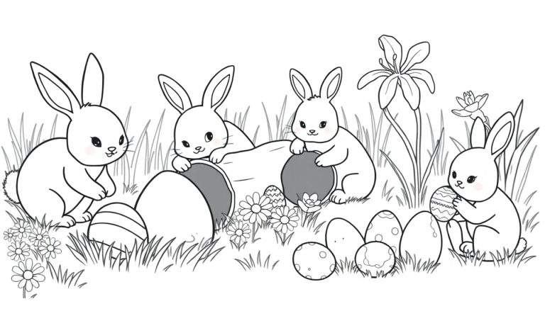 Placa de color de conejitos de Pascua buscando huevos.