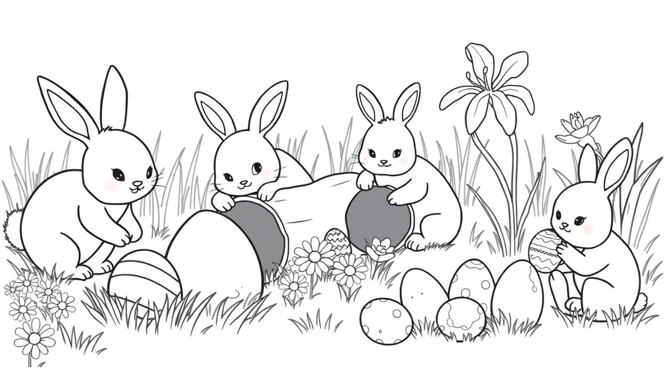 Placa de color de conejitos de Pascua buscando huevos.