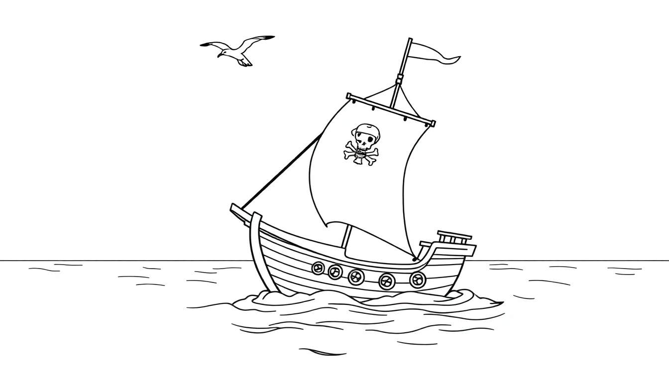 Un barco pirata en blanco y negro para colorear con una calavera en la vela.