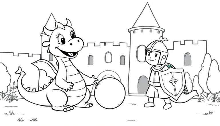 Placa de color con un dragón amistoso y un caballero jugando cerca de un castillo de fantasía.