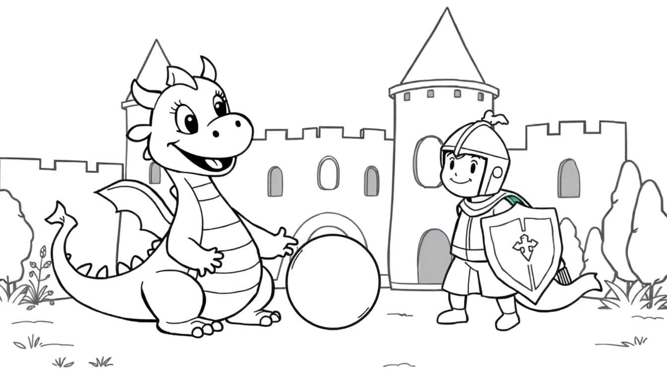 Placa de color con un dragón amistoso y un caballero jugando cerca de un castillo de fantasía.