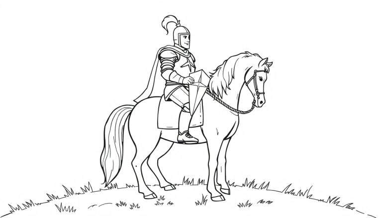 Un caballero medieval con armadura y pluma en su casco, montado en un caballo adornado, sostiene un escudo, listo para la acción en un prado. Esta placa de color es una invitación a la imaginación.