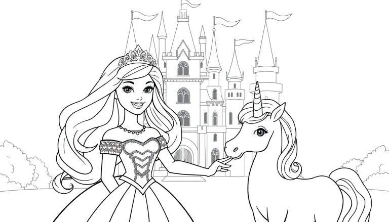 Placa de color de una princesa y un unicornio frente a un castillo.