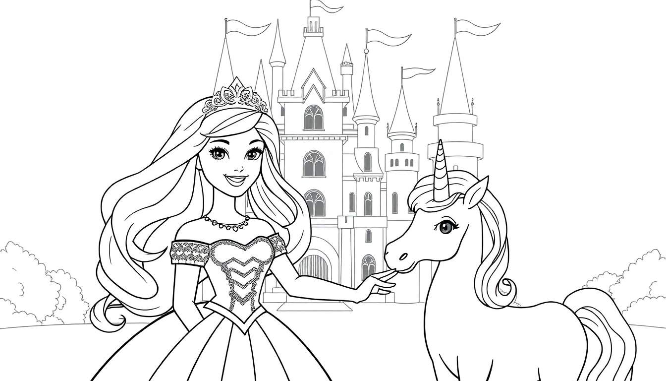 Placa de color de una princesa y un unicornio frente a un castillo.